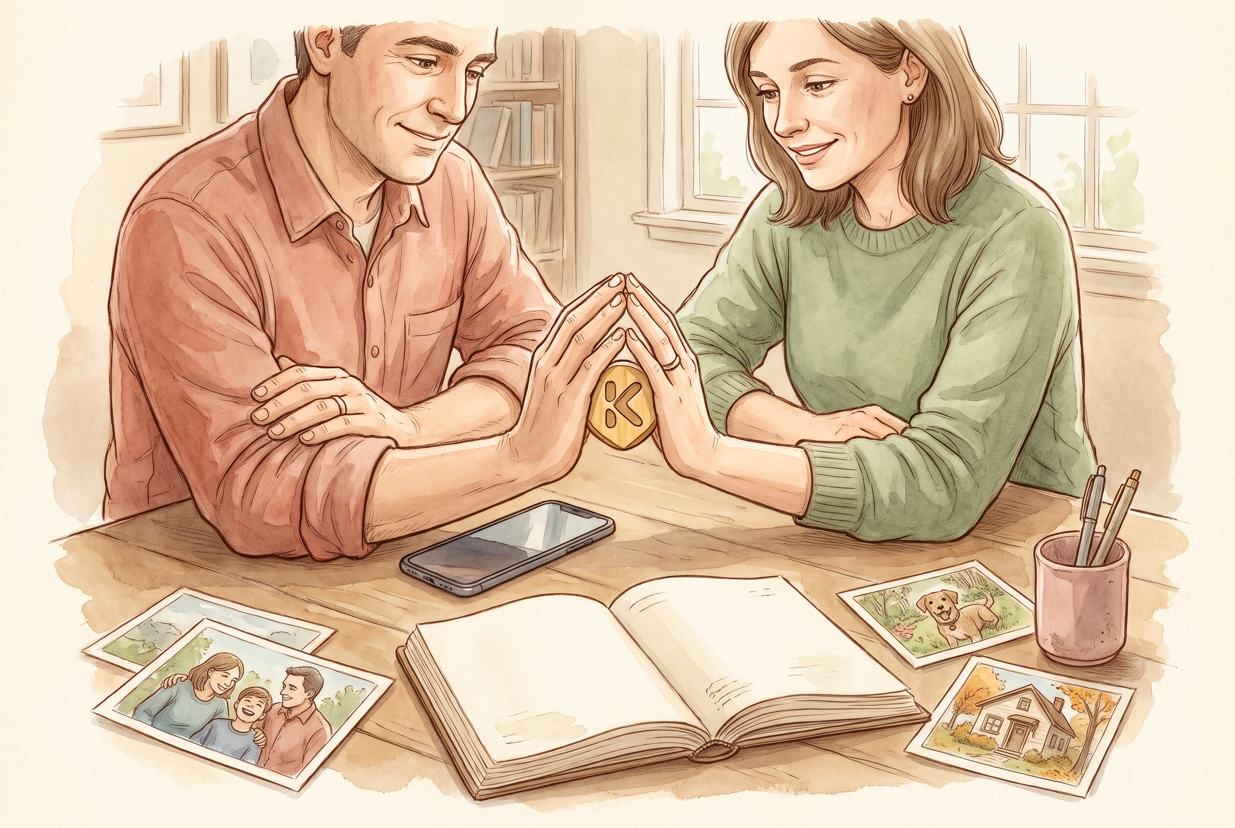 Two adult hands meet across a table and press a small object between their palms, holding it together, while a phone lies face-down and apart at the table's edge, outside their shared grip.