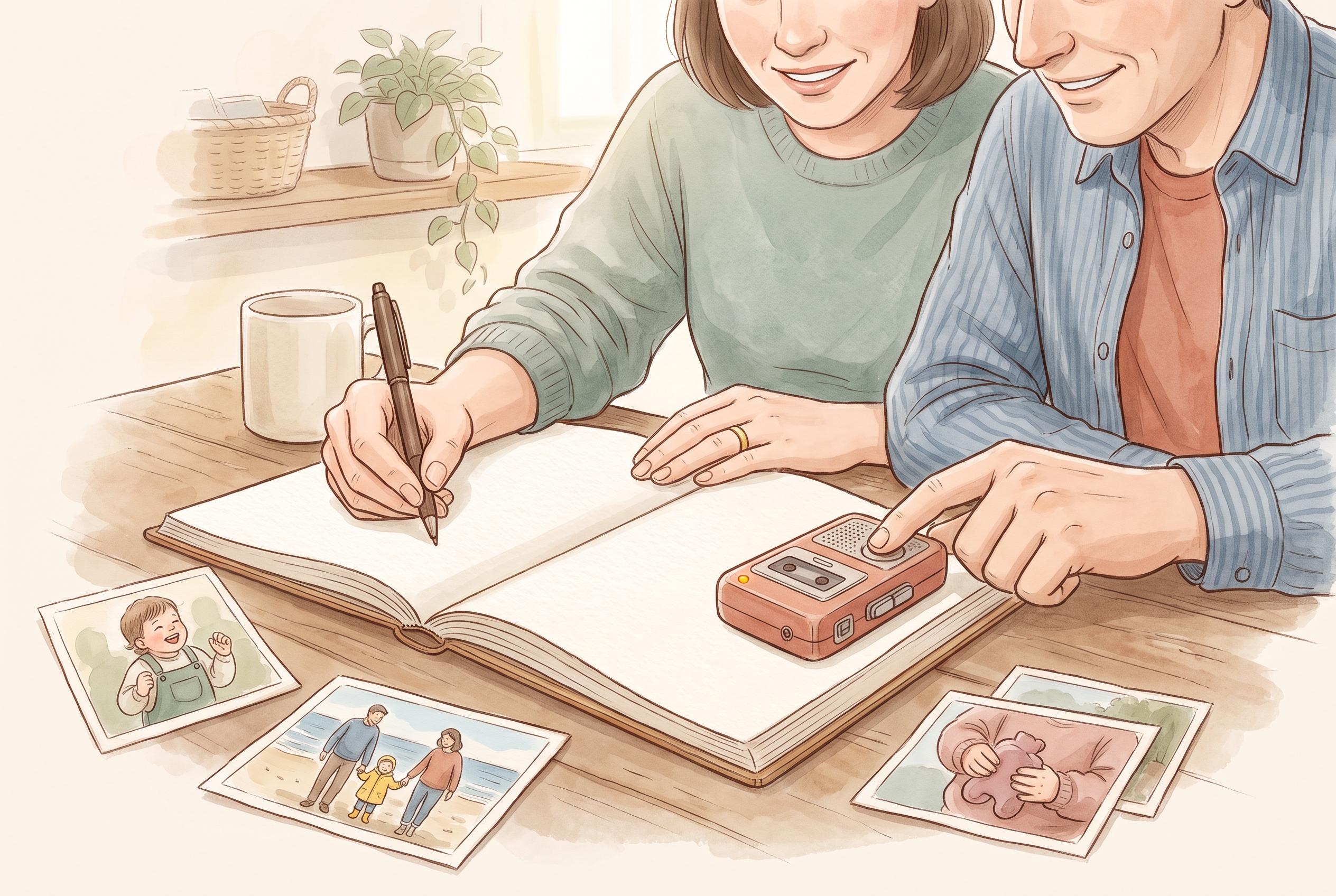 A grown-up's hand pauses over an open notebook to jot a short line, while nearby a small voice-memo gesture — a thumb pressing record — captures the same moment, the written note and the sound held together at the centre.