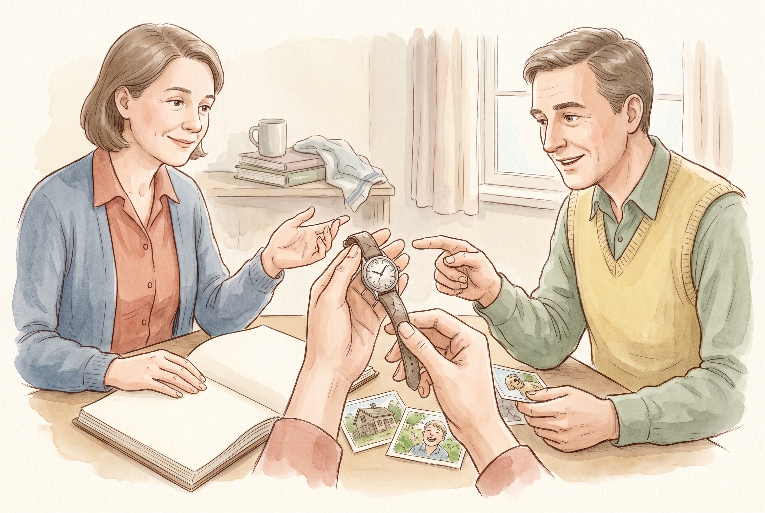 A pair of hands holding a small worn wristwatch at the centre, with two people leaning in from either side to point toward it, while a blurred stack of unrelated objects rests apart in the background.