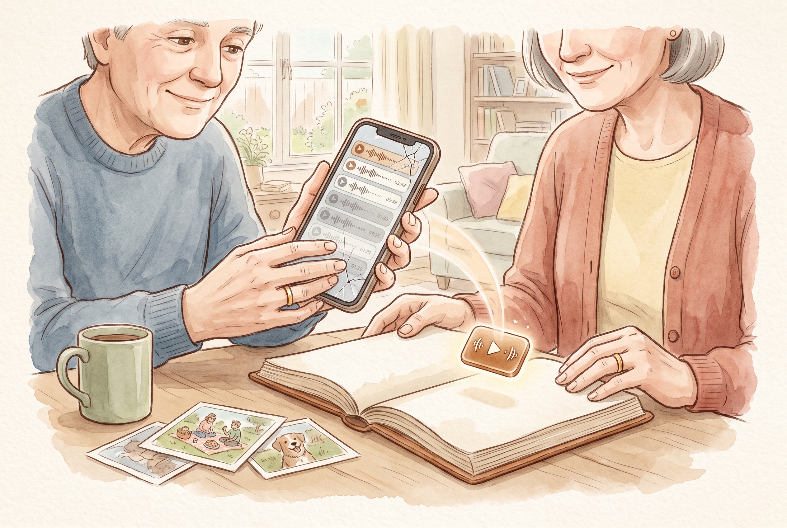 A pair of hands cradling a phone, with a single audio recording lifting away from it and settling into a safe second place nearby, while the rest of the phone's crowded inbox stays behind in the background.