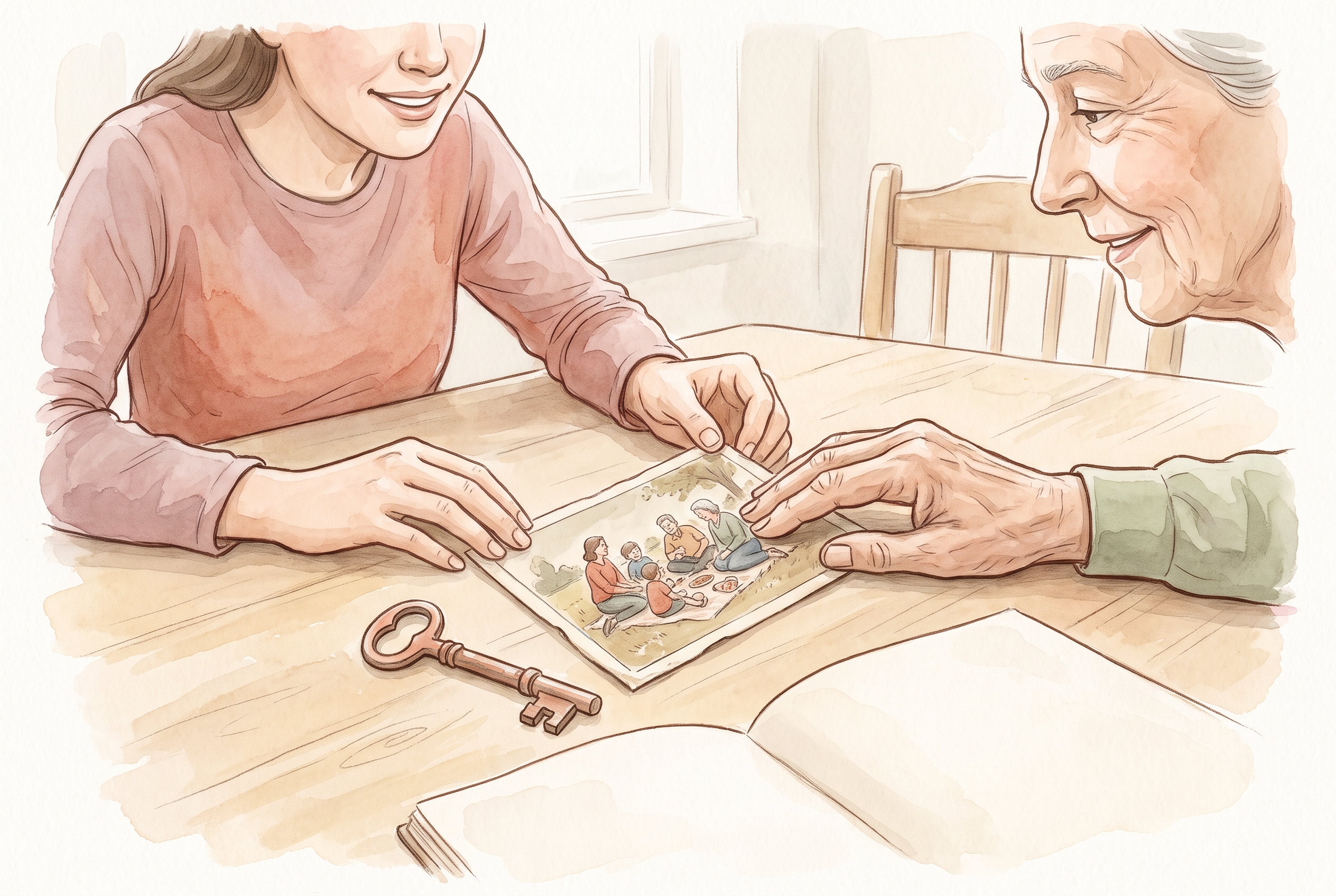 A grandparent's hands resting on a worn photograph and an old door key on a table, turned toward a younger relative's attentive hands nearby, the specific objects central rather than a generic still life.