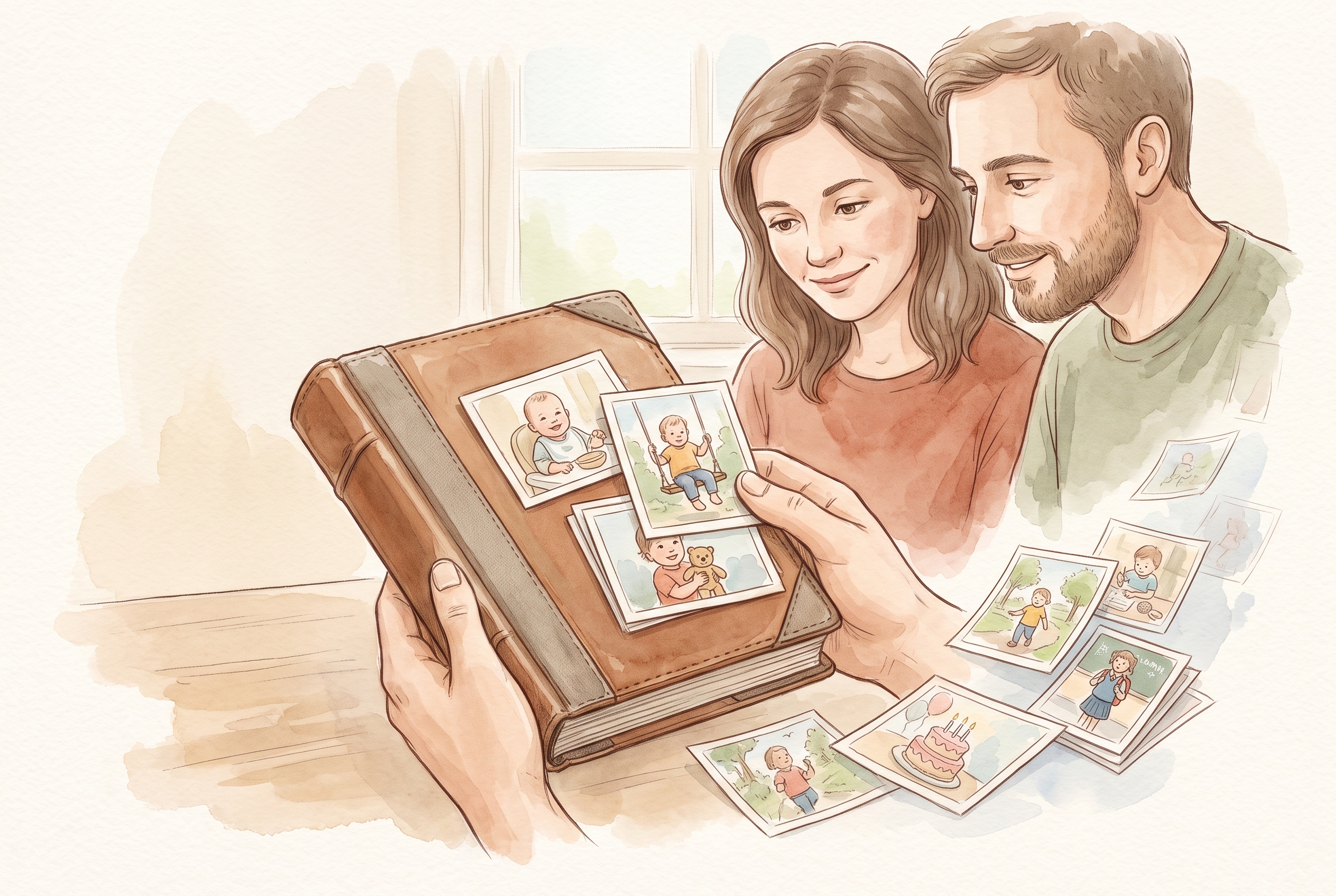 A small set of child photos gathered into one closed family album held by two hands, while a separate loose pile of the same kinds of photos drifts outward and away, showing the chosen few kept close and the rest no longer scattered in public.