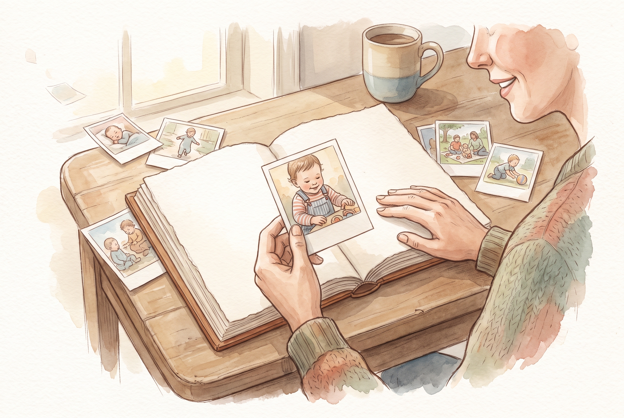 A grown hand holds a single small photo of a toddler close to the centre, steady and deliberate, while a loose scatter of other early snapshots drifts away toward the edges and out of reach, showing one kept moment against many that fade.